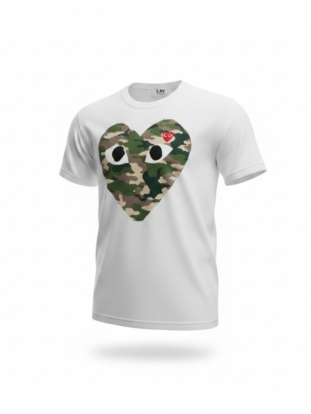 Comme des garcons White Tee with Camo Heart Graphic